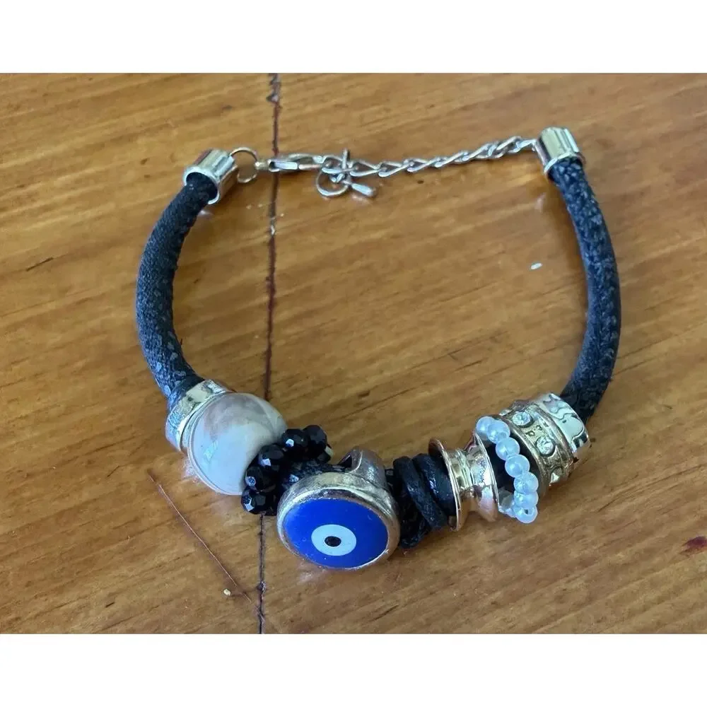 Evil Eye Charm Bracelet Black Cord Crystal Bead Protection Adjustable Fashion